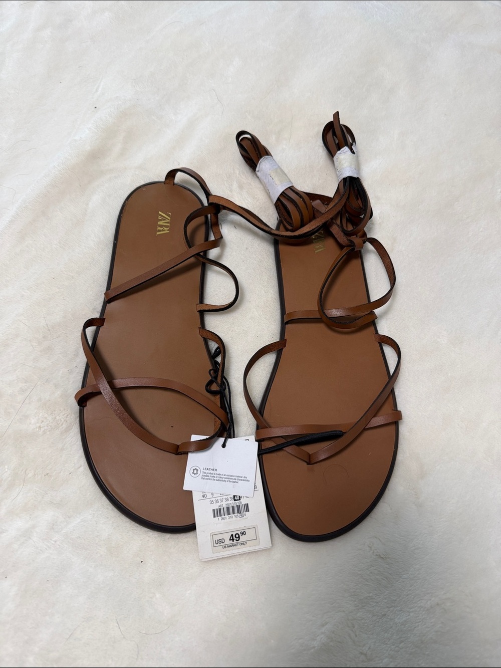 Zara Tan Brown Strappy Lace-Up Flat Sandals
